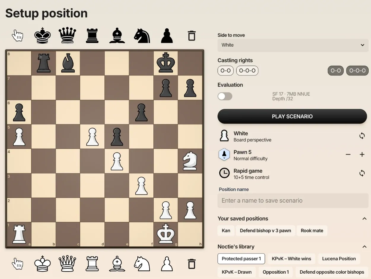 The Setup position screen: place pieces on the board, pick a scenario from Noctie's library, and play it out