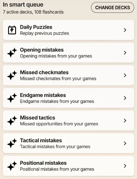 Flashcard decks: opening mistakes, missed checkmates, endgame mistakes, missed tactics and more