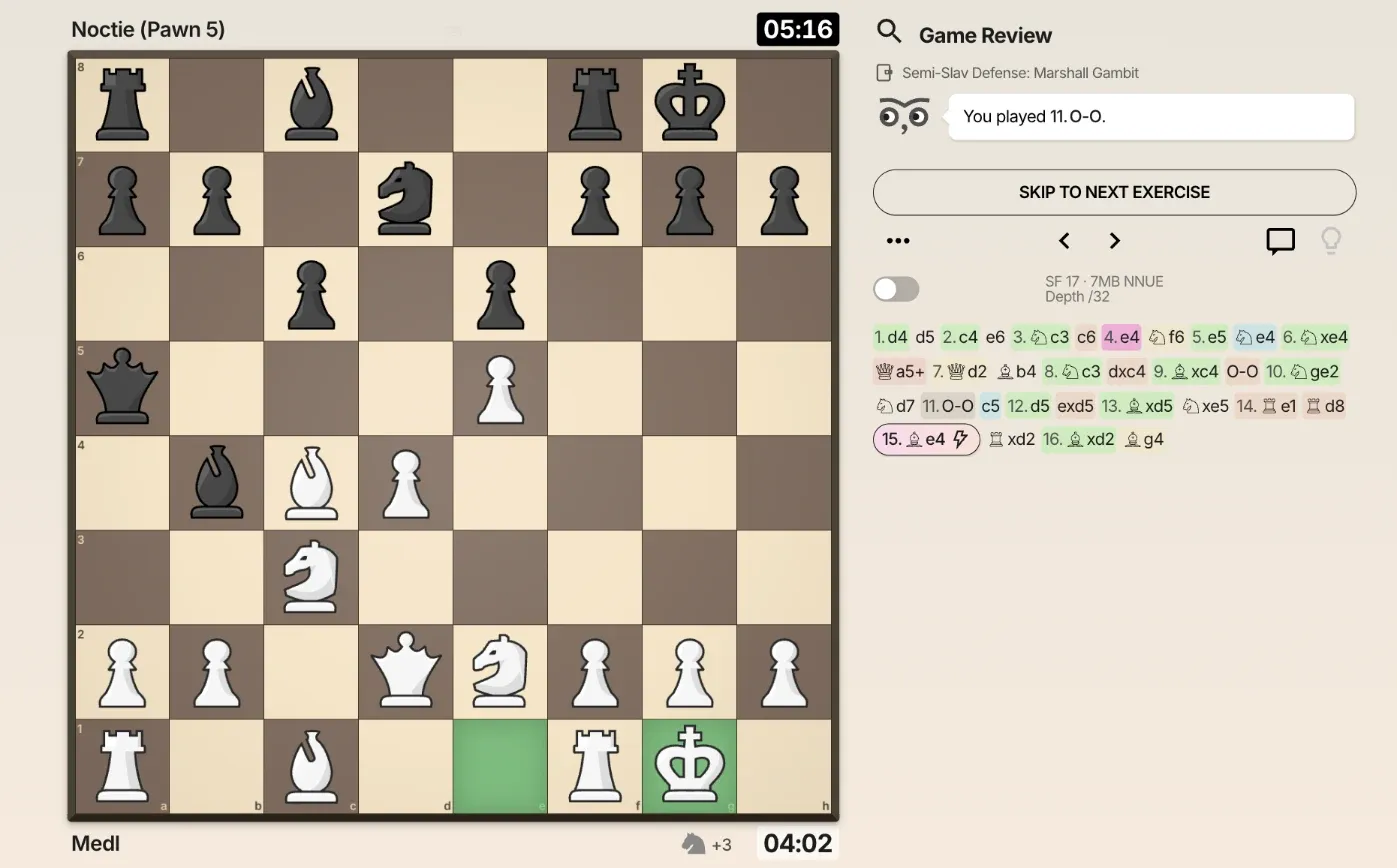 A game review in Noctie: every move color-graded, with the played move highlighted green on the board