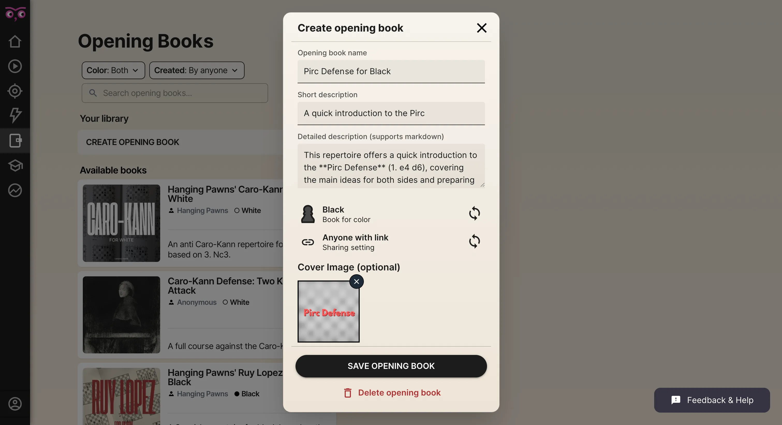 Opening book details and settings
