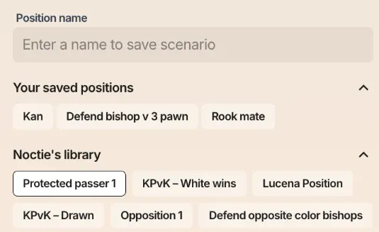 Saved positions and Noctie's scenario library, with named scenarios ready to replay